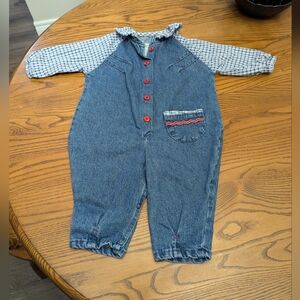 Krickets. Blue Denim Kids Overalls with Red Buttons. Vintage. Size 12 Months